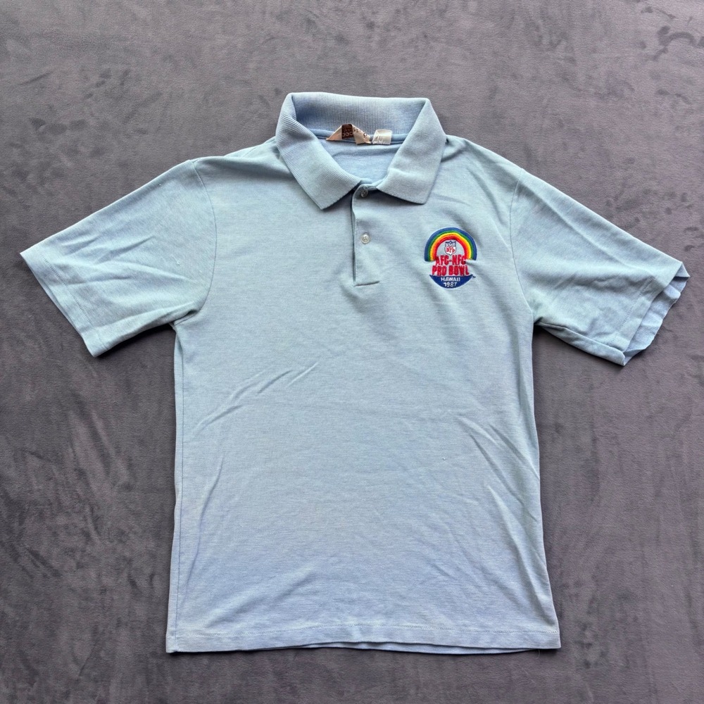 Vintage 1987 NFL Pro Bowl Hawaii Polo Shirt Logo 7 Blue Mens M Made in USA 80s
